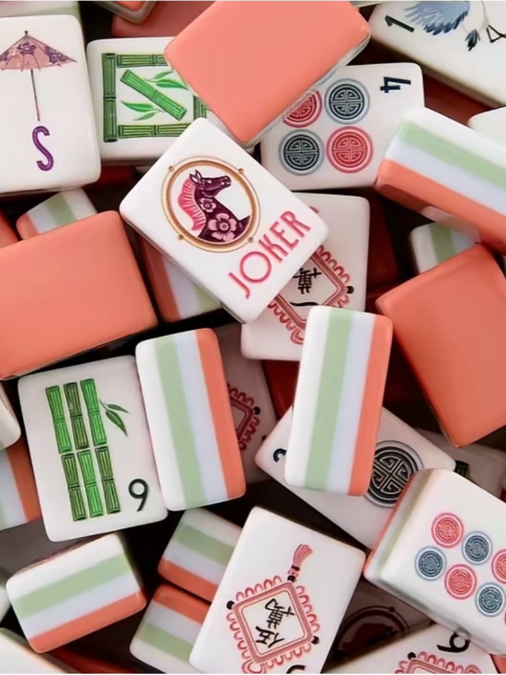 Mahjong Tile Set - Peach & White Striped Tiles